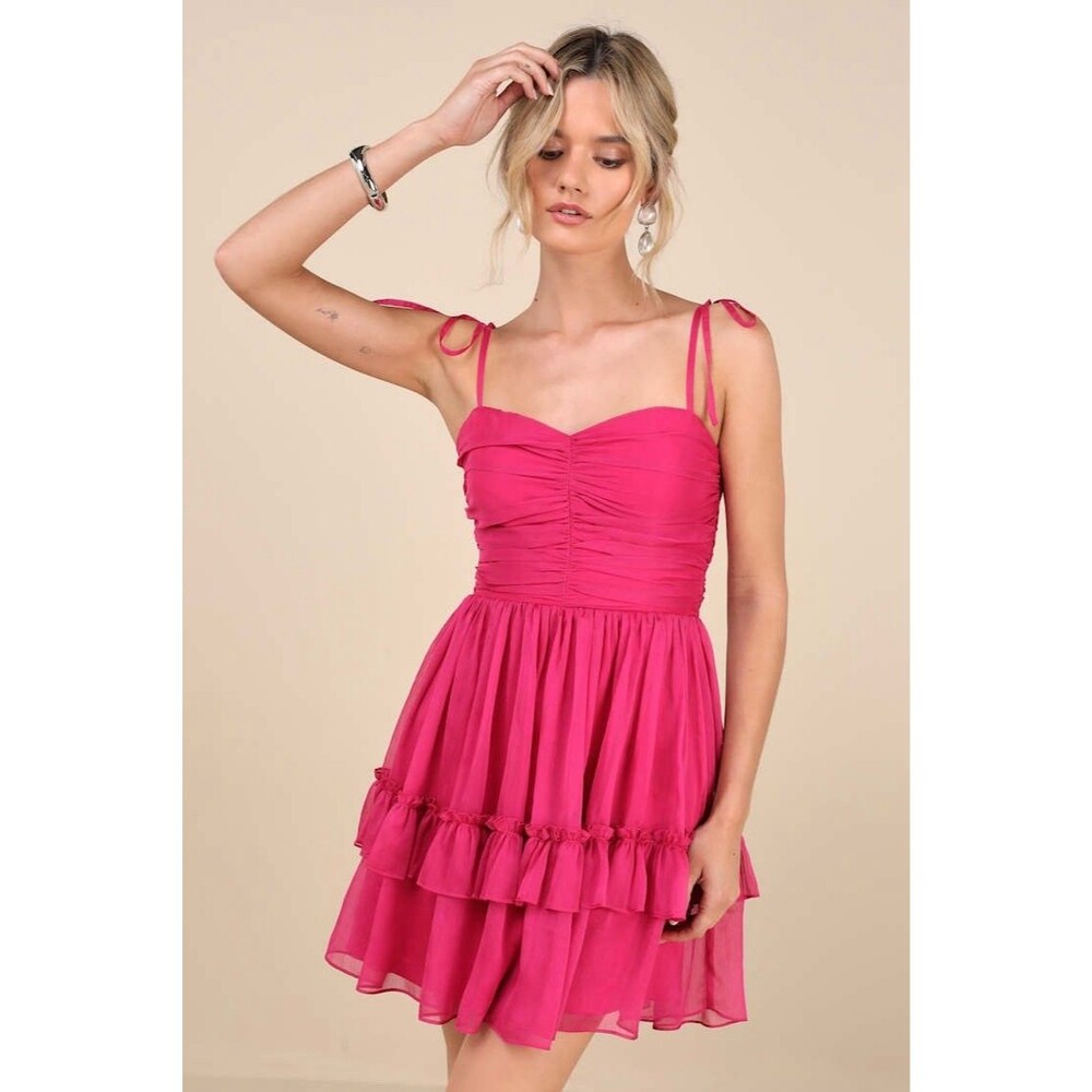 Lulu's Fuchsia Ruched Tie-Shoulder Ruffle Mini Dress